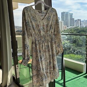 Blue floral, beige long sleeve dress